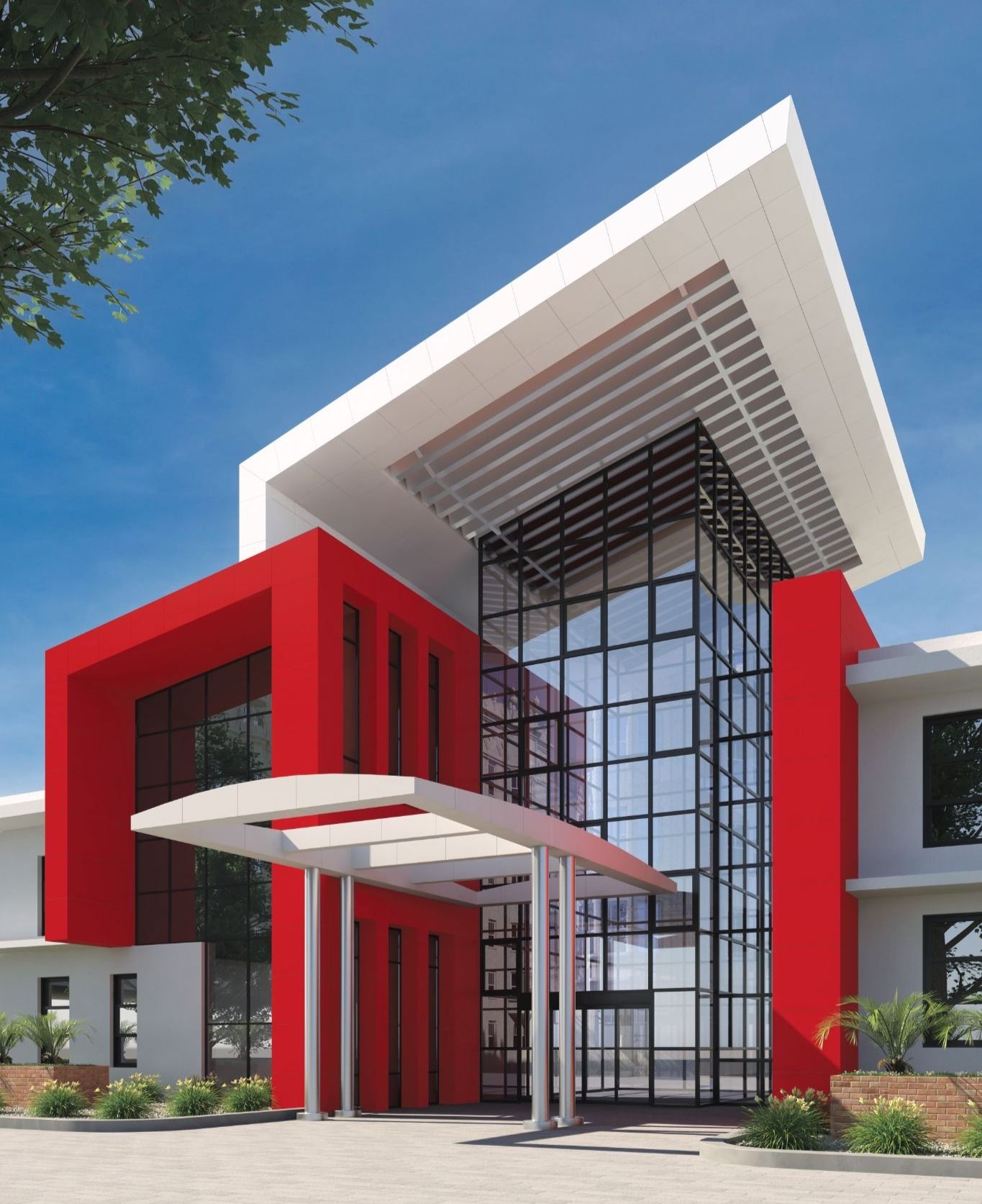 Modern office facade featuring Mikasa FX exterior wall panels in wood, stone and metallic finishes.